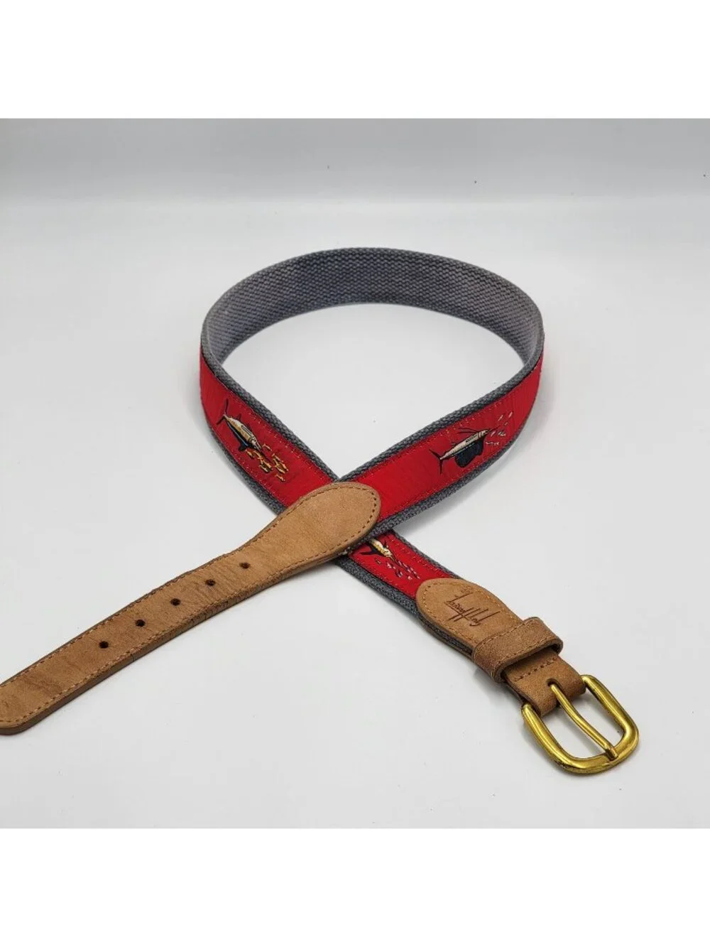 Vtg Guy Harvey Canvas Belt with Leather Accents & Marlin Fish Embroidery Red